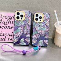 เคสสายห้อยสำหรับแขวนลายผีเสื้อ IMD น่ารัก,เคสโทรศัพท์สีม่วงสำหรับ iPhone 11 12 13 14 Pro Max พร้อมตัวยึดขาตั้งพับได้