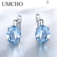 UMCHO Blue Topaz Clip Earrings for Women Solid 925 Sterling Silver Jewelry Oval Gemstone Korean Earrings Gift for Her Jewelry