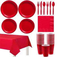 【CW】 Red Solid Color Party Set Disposable Plastic Plate Cup Tablecloth Birthday Party Wedding Decoration For 10 People Adult Supplies