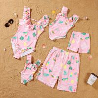 NEW Summer Famliy Swimsuits Mom Dad and Children Family Matching Swimwear Mommy and Me One-Piece Printed V Neck Bathing Suit