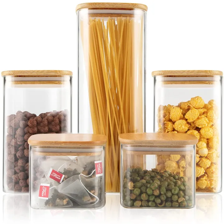 Food Storage Jars, (Square)Jars Set of 5Glass Storage Containers Clear