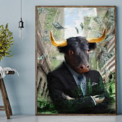 Funny Bull Market ภาพวาดผ้าใบ Wall Art สำหรับห้องนั่งเล่นตกแต่งบ้าน