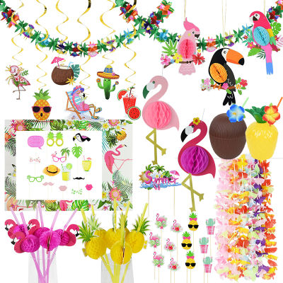 Hawaiian Party Decoration Flamingo Toucan Hanging Ornament Garland Banner Balloon Straws Summer Luau Tropical Beach Party Decor