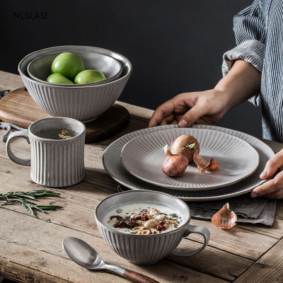 Japanese-style Creativity Ceramic dinner plate Bowl Cup Pure color porcelain tableware Salad Steak Cake Plates Cup with handle