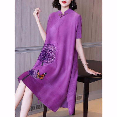 National style fashion improvement cheongsam pleated purple retro thin dress 2021 new wild summer long dress clothing tops