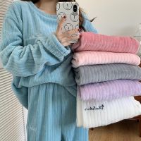 {AH Department Store}Ensemble Pyjama À Manches Longues Pour Femme Couleur Unie Flanelle Chaude Velours De Corail Épais Vêtements Nuit Collection Automne-Hiver 2022