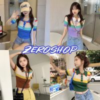 Zero shop?พร้อมส่ง? (Zero-47151) เสื้อไหมพรมแขนสั้น คอปก สีสันสดใสมากกระดุมแกะได้