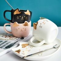 Child Cute Cat Ceramics Coffee Mug Set With Saucers Spoon Handgrip Animal Mugs With Tray Creative Drinkware Tea Milk Cup Gift