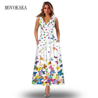 MOVOKAKA Summer Sleeveless Vintage Long Dress Women Casual Beach Holiday V Neck Loose Dots Printing Vestidos Party Boho Dresses