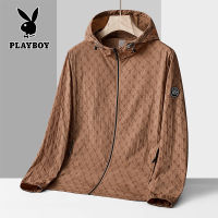 PLAYBOYเสื้อกันแดดผ้าไหมน้ำแข็งไนลอนฤดูร้อนแบบใหม่สำหรับผู้ชายและผู้หญิงเสื้อแจ็คเก็ตลำลองพิมพ์ลายมีฮู้ดแจ็คเก็ตป้องกันรังสียูวีกลางแจ้ง