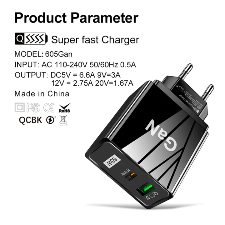 DISOUR Original US/EU/UK Plug 65W GaN Fast Charger QC3.0 USB+Type-C PD For Infinix Xiaomi Redmi Huawei iPhone Oppo Vivi Charge Cable 5V/6.6A 9V/3A 12V/2.75A 20V/1.67A Quick Charging For IOS Android