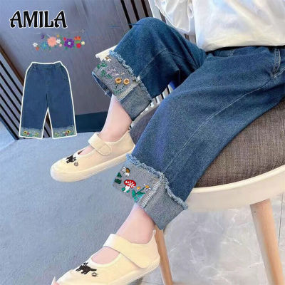 เสื้อผ้าเด็ก AMILA กางเกงยีนส์ลำลองน่ารักสำหรับขนาดเล็กและขนาดกลางเด็กผู้หญิงยีนสีทึบกางเกงขาม้า