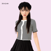 Áo len nữ ngắn tay cổ tròn 20AGAIN, phong cách Hàn Quốc trẻ trung, họa tiết kẻ ngang cá tính ALA0074