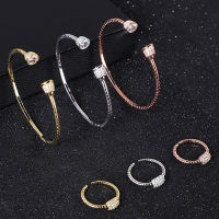 3SetsPackage Luxury geometry Saudi Arabia Bangle Ring Set For Women Micro Cubic Zircon Pave Party Wedding Dubai Jewelry