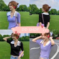 DD SHOPพร้อมส่ง 9197 เสื้อไหมพรม แขนสั้นคอปก ดีเทลผ้าร่องใส่สบายมี3สี