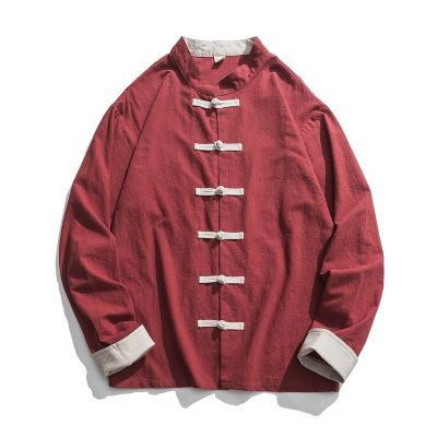 [COD] 2019 autumn and winter new mens solid loose collar buckle cardigan Chinese style linen retro long-sleeved men