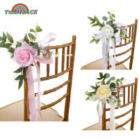 Twister.CK 10pcs Artificial Chair Back Flower Party Decor With Artificial Flowers Leaves Ribbons For Wedding Aisle Decorations