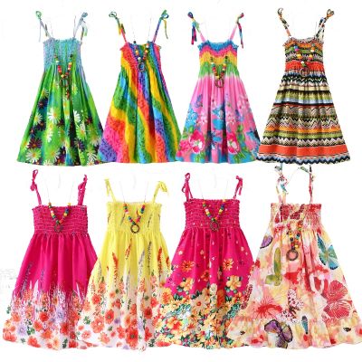 2022 Kids Summer Dress For Girls Bohemian Floral Sling Ruffles Beach Princess Dresses Girl Clothing 2 6 8 12 With Necklace Gift