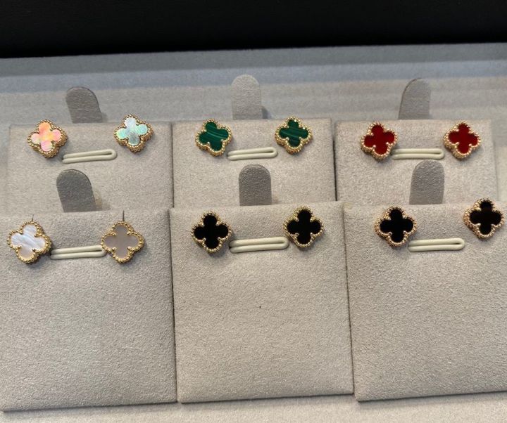 sweet-mini-four-leaf-clover-stud-earrings-earstuds-with-mother-of-pearl-malachite-carnelian-onyx-turquoise-18k-gold-plated-vgold-with-925-silvth