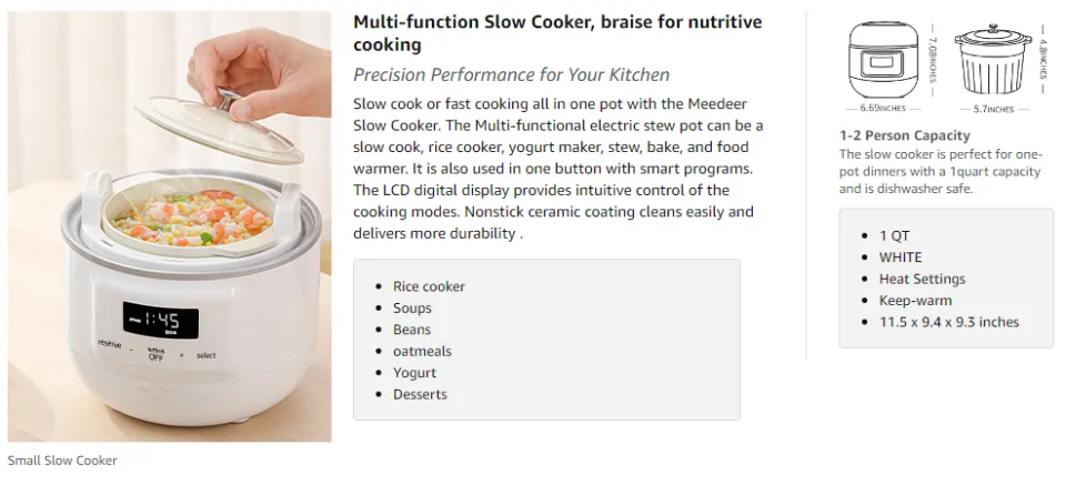 MEEDEER Slow Cooker White, Small Slow cooker 1QT, Smart Appointment,  Ceramic Interior pot, Automatic Multi-function Rice Cooker, Elecric Stew,  Yogurt