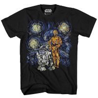 [S-3XL] เสื้อยืดพิมพ์ลายกราฟฟิค Starry Night R2-D2 C 3PO R2D2 Van Gogh สําหรับผู้ชาย oversized black top