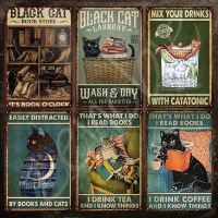 Vintage สัตว์โลหะโปสเตอร์ Black Cat Book Store ป้ายดีบุกแมวน่ารักภาพวาดเหล็ก Wall Art Decor แผ่นโลหะ Plaque Home Decor