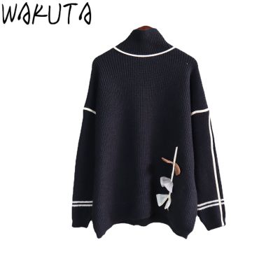 WAKUTA Mesh Bow Patchwork Sweater Oversize Highneck Elegant Loose Knit Jumper Chic Female Pullovers Tops 2021 Korean New Fashion