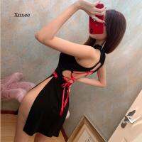 【CW】Vintage Cheongsam Back Straps Lace Up Dress Sexy Hollow Uniform Sexy Womens Hollow Sp. Slit Sling Dresses Clothing