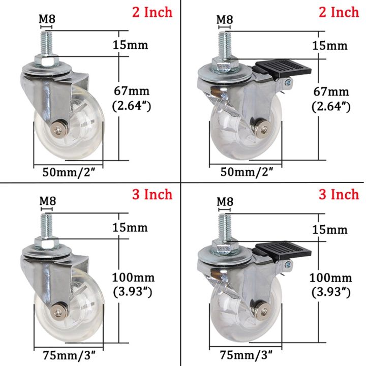 2-3inch-pu-transparent-universal-wheels-with-m8-x-15mm-thread-stem-industrial-caster-wheels-no-noise-wheels-for-carts-workbench