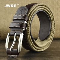 Fashionable canvas belt for men with genuine leather splicing Korean style youth pin buckle casual belt trendy young mans all-match trouser belt 【JYUE】