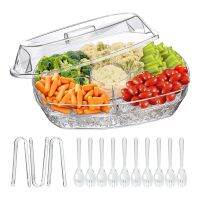 Chilled Fruit Tray, 15 Inch Clear Party Platter with 4 Compartments, with Lid for Christmas,Thanksgiving,Camping Out