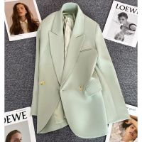 ร้อน, ร้อน★Plus size Green suit jacket for women double-breasted Korean style casual loose blazers