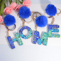 Gradient Filling 26 Letter พวงกุญแจเรซิ่น Blue Pompom ผู้หญิงแฟชั่น Initials Keyring กระเป๋าเครื่องประดับเอวกระเป๋าสตางค์ Key Holder