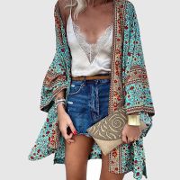 Bohemian Women Beach Cardigan Summer Floral Printed Blouse Kimono Vintage Open Front Long Sleeve Tunic Tops Holiday Shirt Robe