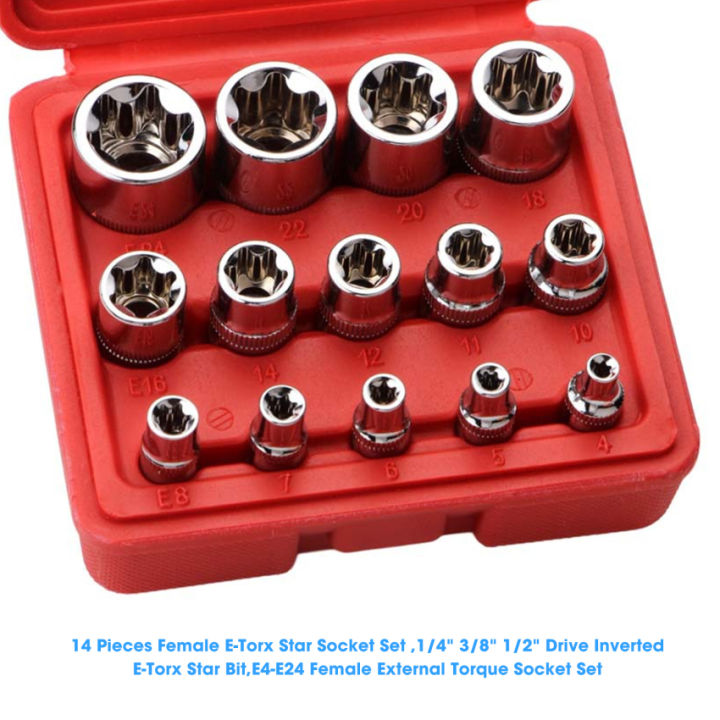 14 pieces female e torx star socket set 1 4 3 8 1 2 drive inverted