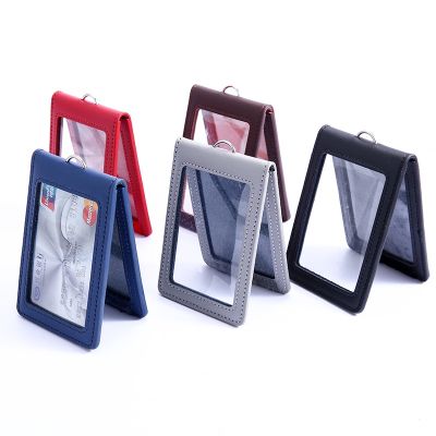hot！【DT】☍♗  Pu Leather Folding Type ID Tag Bus Pass Card Cover Staff Holder with Lanyard for Company Employes Workers Wallet