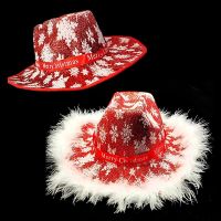 1Pc Santa Claus Christmas Wide Brim Cowgirl Hat Snowflake Printed Cowboy Hat Fashion Women Men Christmas Hats Party Supplies