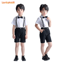 Lontakids ชุดเดรสฤดูร้อนแขนสั้นสำหรับเด็กผู้ชายและเด็กผู้หญิงอายุ2-14ปี,ชุดเสื้อผ้าแบบสุภาพบุรุษ4ชิ้นพร้อมโบว์หูกระต่ายและสายเอี๊ยม