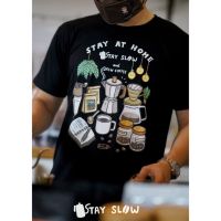 Black T-shirt "Stay Slow and Brew Coffee" เสื้อยืด คุณภาพ สีดำ  ลายดริปกาแฟ Premium cotton100 compS-5XL