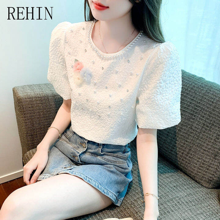 rehin-เสื้อแขนพองสีขาวสำหรับผู้หญิง-เสื้อเสื้อผู้หญิงแขนสั้นแขนพองสีขาวลายดอกไม้ลูกปัดแต่งเล็บเบาหรูหรามาใหม่ฤดูร้อน