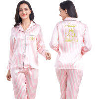 2 Piece Personalized Name Women Sleepwear Faux Silk Satin Pajamas Set Long Sleeve Sleepwear Pajamas Suit Female Homewear