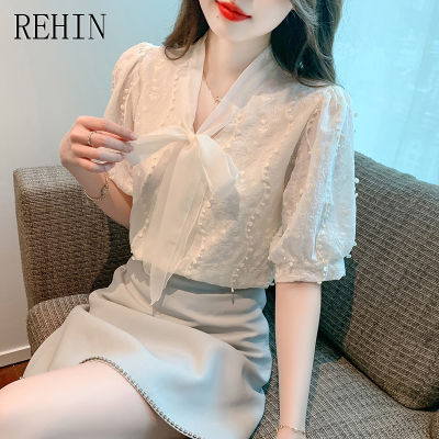 REHIN เสื้อผู้หญิงแขนสั้น,ใหม่แฟชั่นสไตล์เกาหลีเสื้อปักลายหูกระต่ายอเนกประสงค์ฤดูร้อน