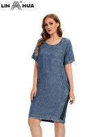 LIH HUA Women S Plus Size Denim Dress Summer Slim Dress Casual Dress Cotton Denim Short Sleeves...