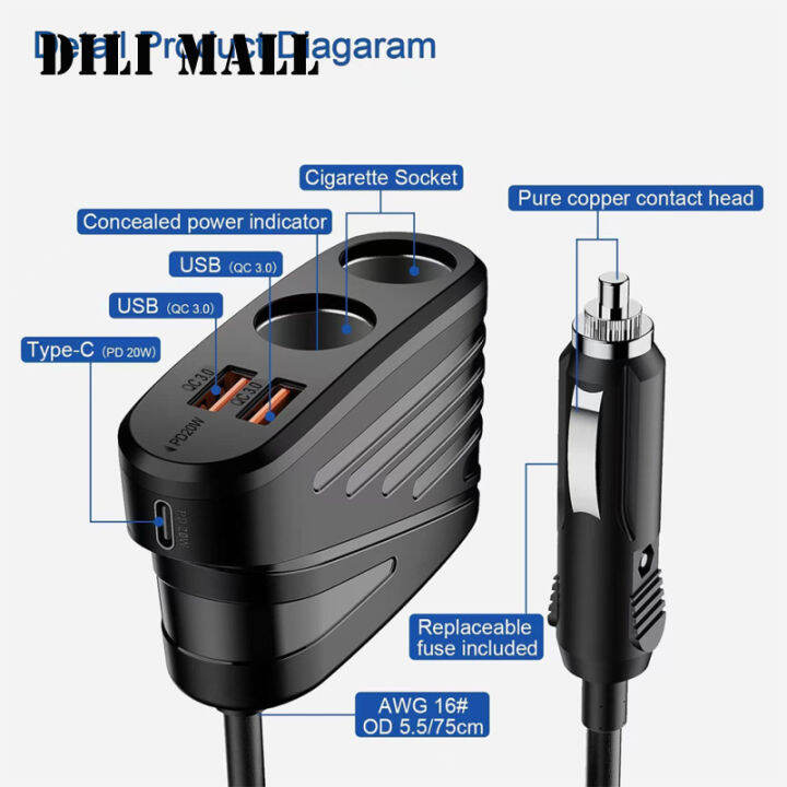 ตัวแยกสัญญาณ2ซ็อกเก็ตจุดบุหรี่สำหรับยานพาหนะ12-24v-ตัวที่ชาร์จแบตในรถคลังสินค้าพร้อม-usb-สองตัวสำหรับ-pd18w-ประเภท-c-แบบคู่-qc3-0เดียว