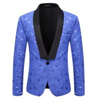 ZZOOI LUCLESAM Mens Colorblock Shawl Neck Blazer Jacquard Royal Blue Banquet Suits One Button New Trend Male Wedding Host Dress Suit