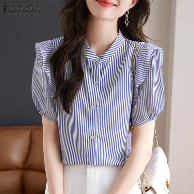(สินค้ามาใหม่)(จัดส่งฟรี)Fancystyle ZANZEA เสื้อเสื้อคอวีพิมพ์ลายทางสไตล์เกาหลีของผู้หญิงเสื้อทำงานสำนักงานแขนพัฟ #10