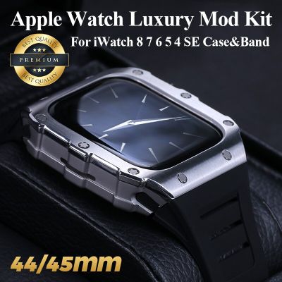 Luxury Metal Cover Modification Kit For Apple Watch 8 7 45mm Rubber Band For iWatch Series 6 SE 5 44mm Stainless Steel Case Straps