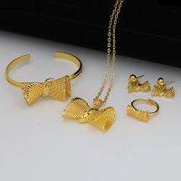 【CW】 Africa Bow Tie Design Jewelry Set Gold Color Ethiopian Necklace Earrings Bangle Wedding Birthday