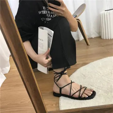 Stylestry Rhinestone Decor Tie Leg Design Black Flat Sandals For Women &  Girls