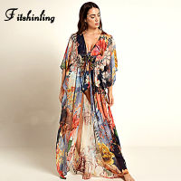 2021Fitshinling Print Floral Beach Kimono Swimwear Chiffon Bikini Cover-Up Summer Sheer Slim Sexy Long Cardigan Holiday Outing Sale